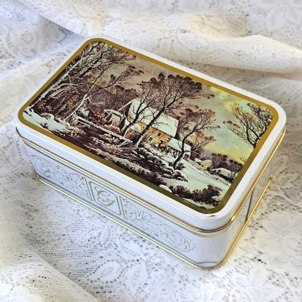 Vtg Currier & Ives The Old Grist Mill Tin Storage Container Box - Tea Cookies